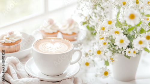 Wallpaper Mural Coffee cup with heart latte art and cupcakes on white table Torontodigital.ca