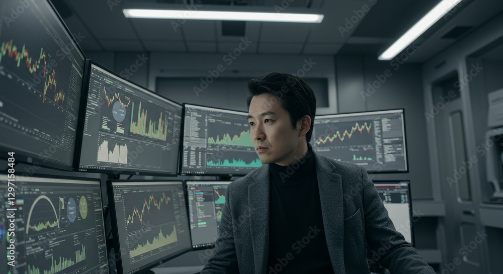 Fototapeta premium Analyzing Financial Data in a Modern Tech Environment - A businessman reviews transparent background financial data on multiple screens. Concepts: Technology, finance, analysis, investment, success