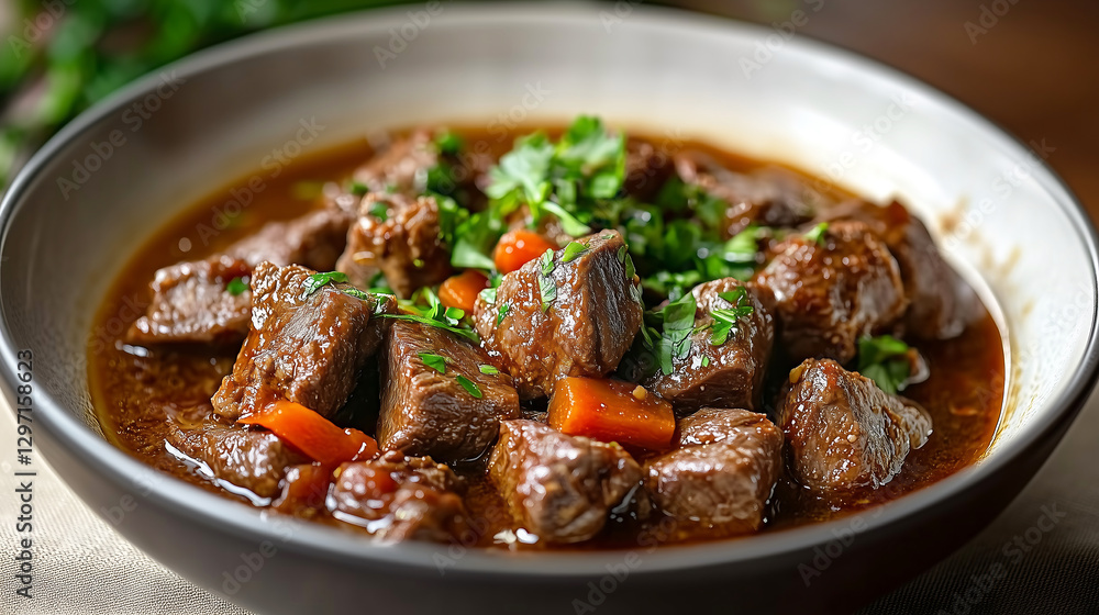 Hearty beef stew with tender meat chunks, fresh vegetables, and aromatic herbs served in a white bowl, a comforting and flavorful dish perfect for home-cooked meals Hearty beef stew with tender meat chunks, fresh vegetables, and aromatic herbs served in a white bowl, a comforting and flavorful dish perfect for home-cooked meals