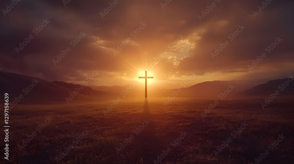 Obraz premium Sunset silhouette of a cross against a dramatic sky in a rural landscape