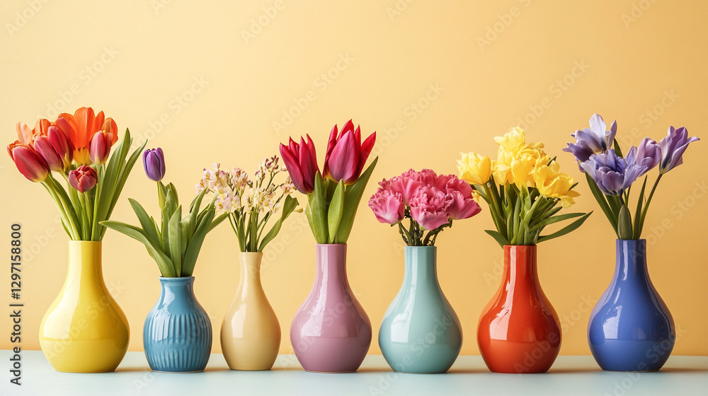 A row of vases with different coloured flowers in each, creating a vibrant and lively display of nature's beauty and floral variety.