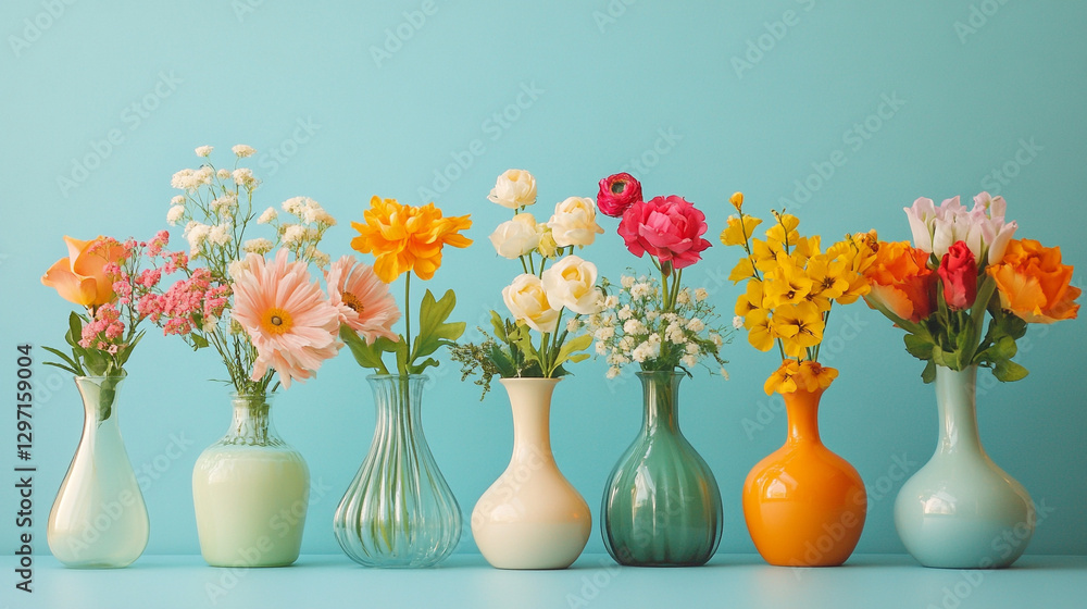 colourful tulips in vase on colourful background.