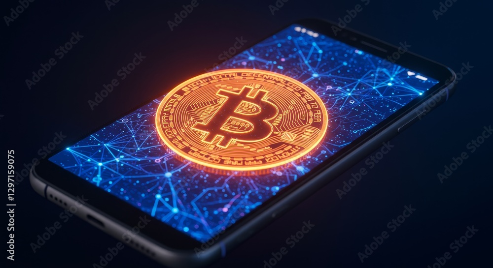 Bitcoin Symbol Illuminated on Smartphone Screen - Glowing Bitcoin symbol displayed on a smartphone screen, network connections, transparent background, symbolizing cryptocurrency, finance, technology Bitcoin Symbol Illuminated on Smartphone Screen - Glowing Bitcoin symbol displayed on a smartphone screen, network connections, transparent background, symbolizing cryptocurrency, finance, technology