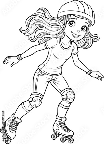 Teenage Girl Rollerblading Coloring Page – Black and White
