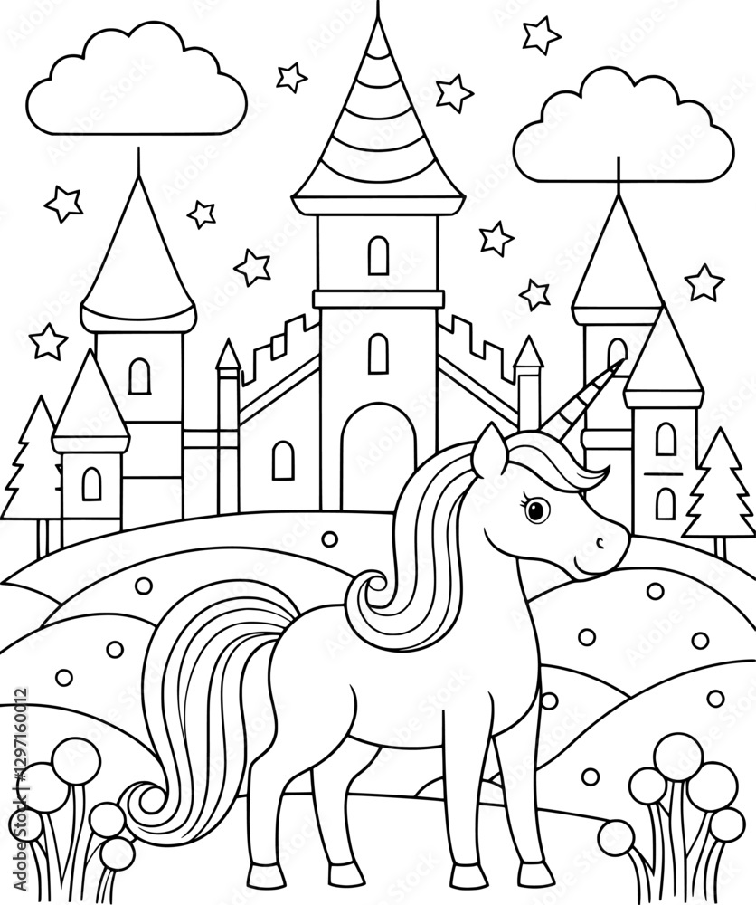 Fototapeta premium Unicorn Near a Castle Coloring Page – Black and White
