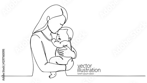 Mother holds baby tenderly. Woman supports infant love bond. Suitable family motherhood designs. Minimalist line art white background vector illustration