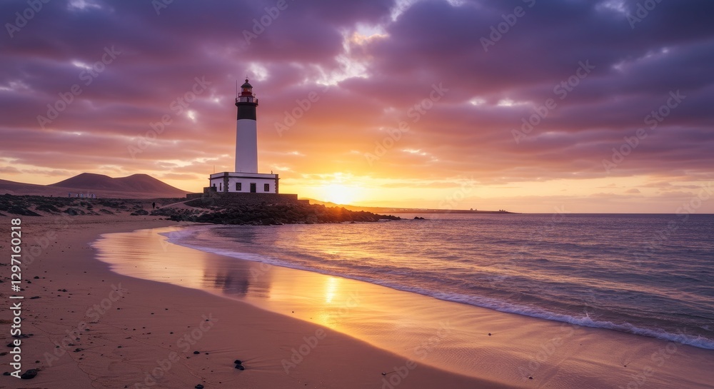 Fototapeta premium Coastal Lighthouse Sunset - Stunning sunset view of a lighthouse on a sandy beach. Tranquil ocean waves gently lap the shore. Perfect for travel, nature, or coastal themed projects