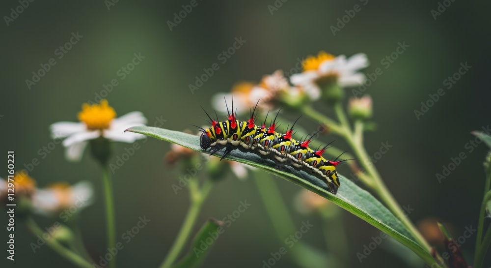 Colorful Caterpillar on Leaf - A vibrant caterpillar rests on a green leaf, surrounded by delicate white and yellow flowers. It symbolizes transformation, nature's beauty, delicate life Colorful Caterpillar on Leaf - A vibrant caterpillar rests on a green leaf, surrounded by delicate white and yellow flowers. It symbolizes transformation, nature's beauty, delicate life