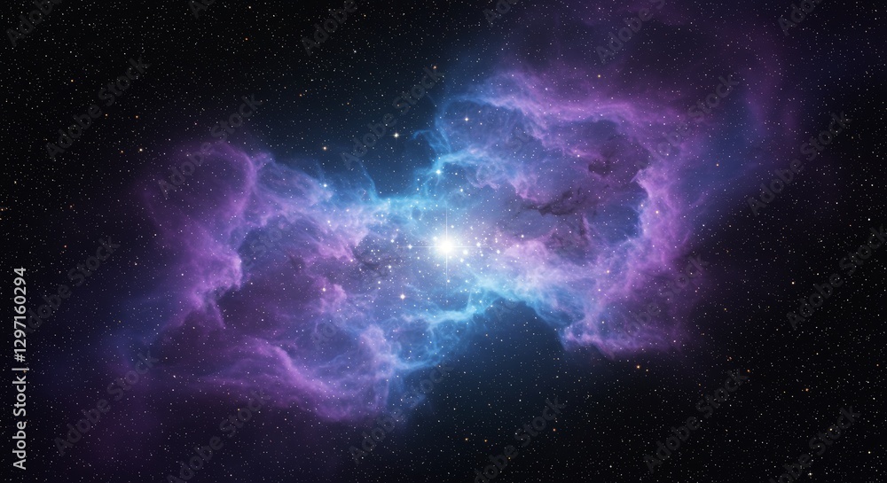 Fototapeta premium Cosmic Nebula Cloudscape: Purple and Blue Stellar Glow - . Symbolizes mystery, infinity, creation, imagination, and wonder. Vast purple and blue nebula clouds, bright stars