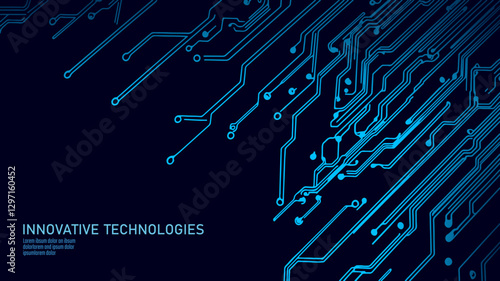 Circuit board technology background. Blue lines connect data points. Use for futuristic design presentations. Flat lay minimal dark blue vector illustration.