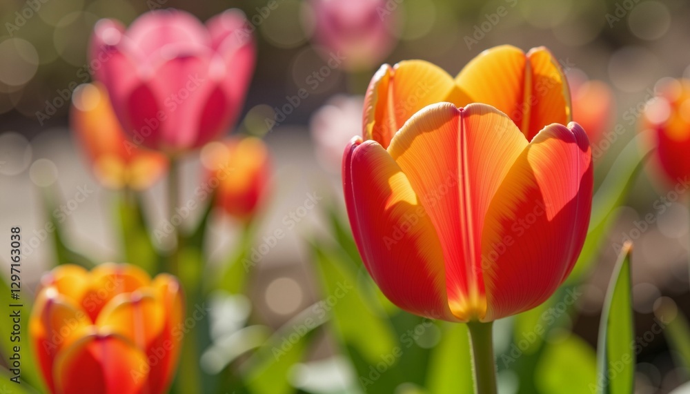 Fototapeta premium Tulip's vibrant bloom in sunlight, enhanced petal vibrancy