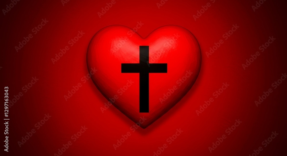 Obraz premium Heart Cross Symbol - A red heart with a black cross in the center against a red background. Perfect for religious or spiritual designs