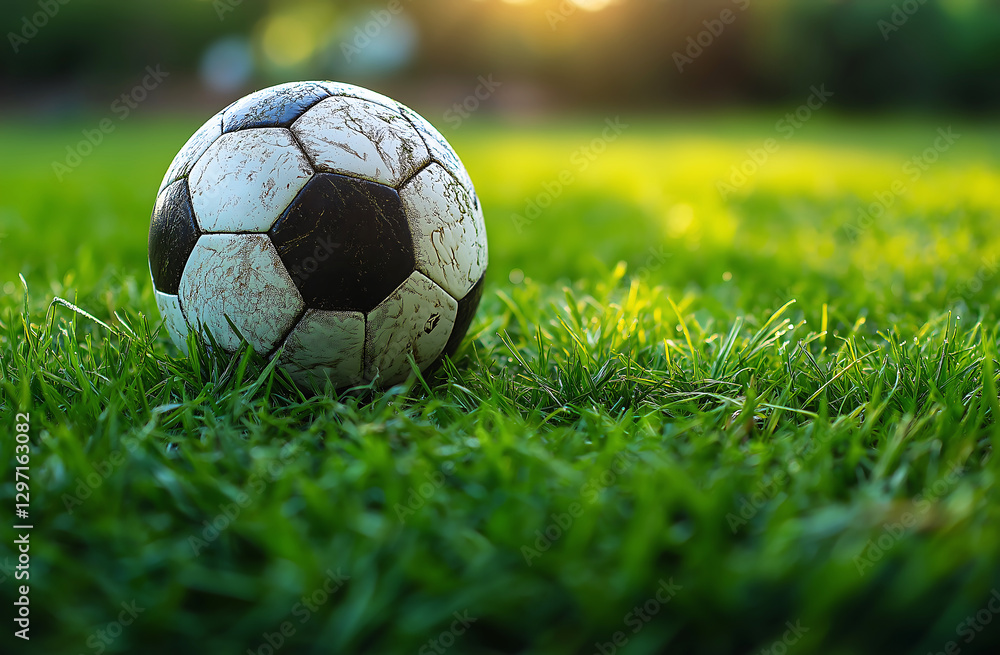 Fototapeta premium Classic black and white soccer ball resting on vibrant green grass in sunlight, symbolizing sports, passion, competition, and the excitement of football games worldwide.