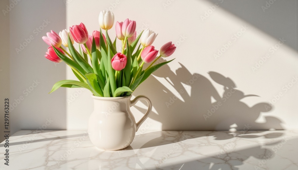 Elegant tulip bouquet in ceramic vase, afternoon light elegance Elegant tulip bouquet in ceramic vase, afternoon light elegance