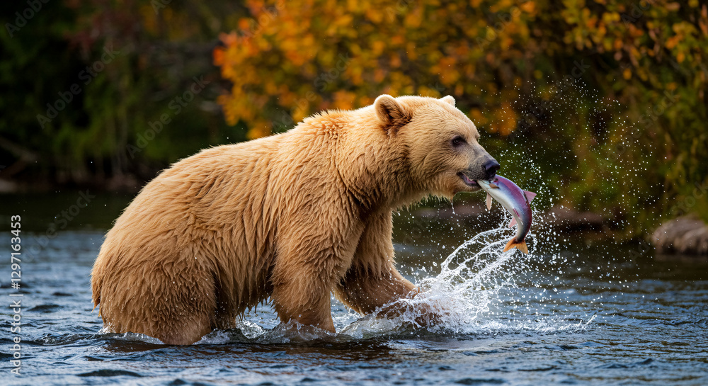 Fototapeta premium bear catching fish in river with autumn foliage background