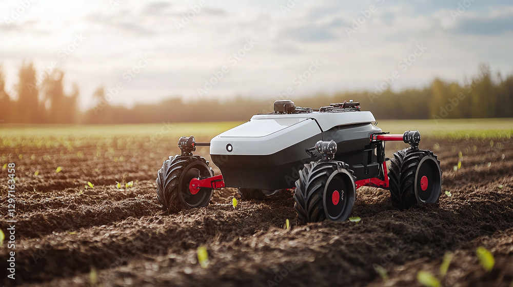 Agricultural robot in a field. Automated farming with autonomous vehicle. Tech for agriculture. Agricultural robot in a field. Automated farming with autonomous vehicle. Tech for agriculture.