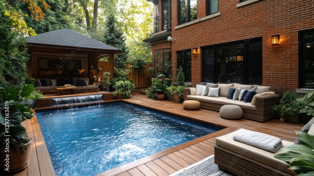 Fototapeta premium Backyard oasis with pool, pergola, and patio furniture