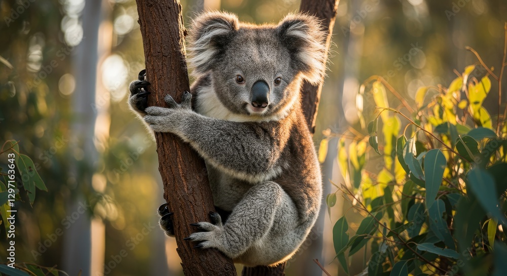 Fototapeta premium Koala on Eucalyptus Tree in Australian Forest - A fluffy koala clings to a eucalyptus tree trunk, bathed in the warm sunlight of an Australian forest near Melbourne. This symbolizes nature, wildlife