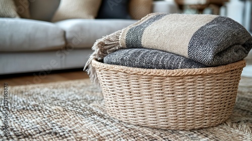 Cozy blankets in wicker basket, living room,  relaxation photo