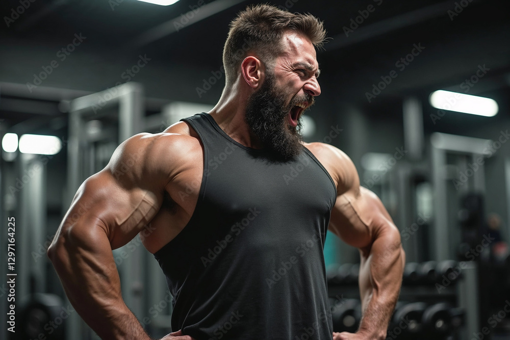 In a modern gym with advanced equipment, a muscular man exudes strength and determination, yelling as he pushes through an intense workout session under bright lights In a modern gym with advanced equipment, a muscular man exudes strength and determination, yelling as he pushes through an intense workout session under bright lights