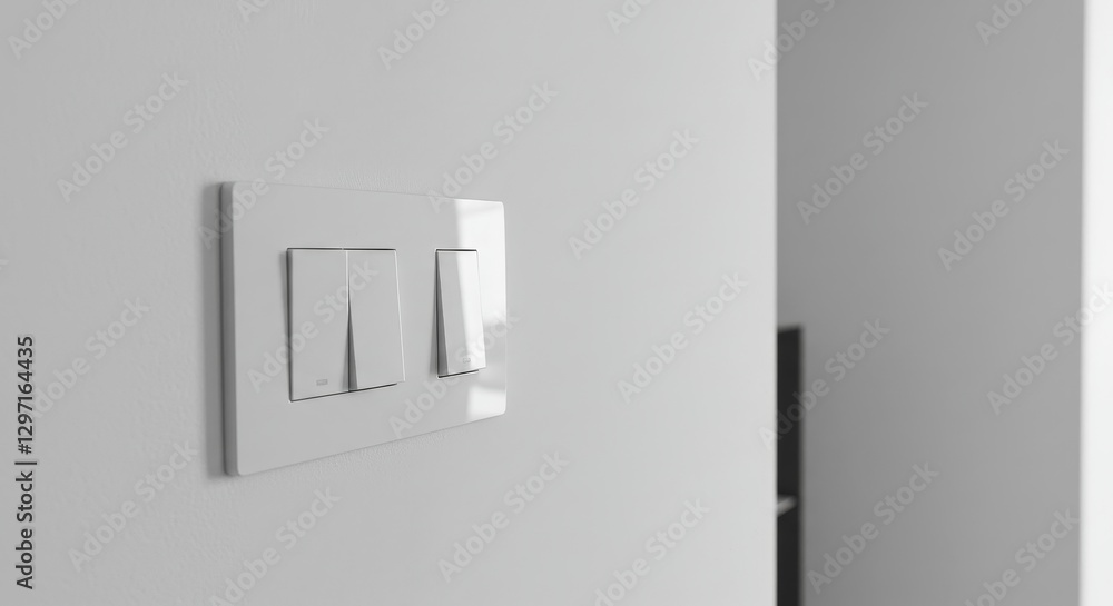 Modern White Light Switch on White Wall - Clean minimalist design, featuring a sleek white double light switch mounted on a pristine white wall. Symbolizes modern living, simplicity, functionality Modern White Light Switch on White Wall - Clean minimalist design, featuring a sleek white double light switch mounted on a pristine white wall. Symbolizes modern living, simplicity, functionality