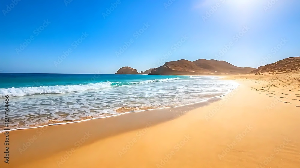 Serene Beach Scene with Golden Sand and Clear Blue Water Under a Bright Sky Serene Beach Scene with Golden Sand and Clear Blue Water Under a Bright Sky