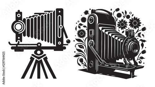 High-Quality Black Silhouette of Classic Vintage Camera with Large Lens and Shutter Button – Ideal for Retro Photography Themes