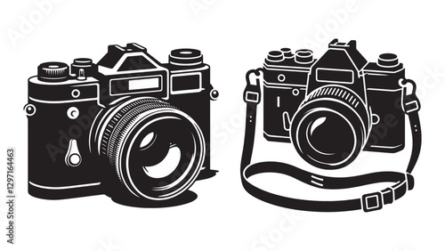 High-Quality Black Silhouette of Classic Vintage Camera with Large Lens and Shutter Button – Ideal for Retro Photography Themes