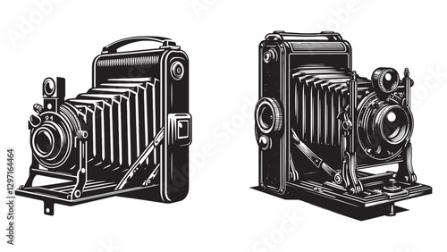 High-Quality Black Silhouette of Classic Vintage Camera with Large Lens and Shutter Button – Ideal for Retro Photography Themes