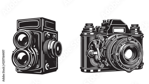 High-Quality Black Silhouette of Classic Vintage Camera with Large Lens and Shutter Button – Ideal for Retro Photography Themes