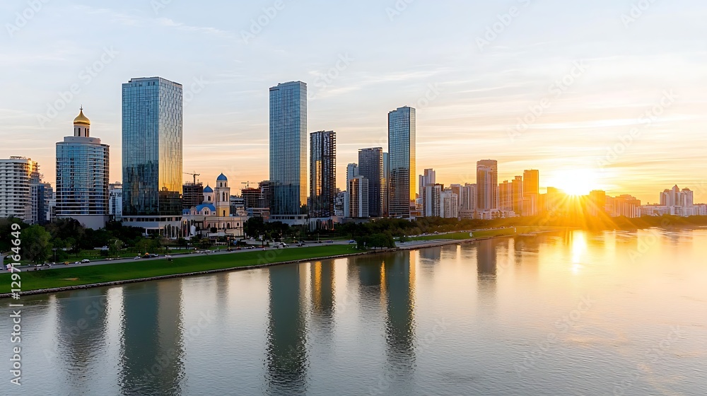 Scenic River Reflection with Modern Skyscrapers at Sunset in an Urban City Scenic River Reflection with Modern Skyscrapers at Sunset in an Urban City