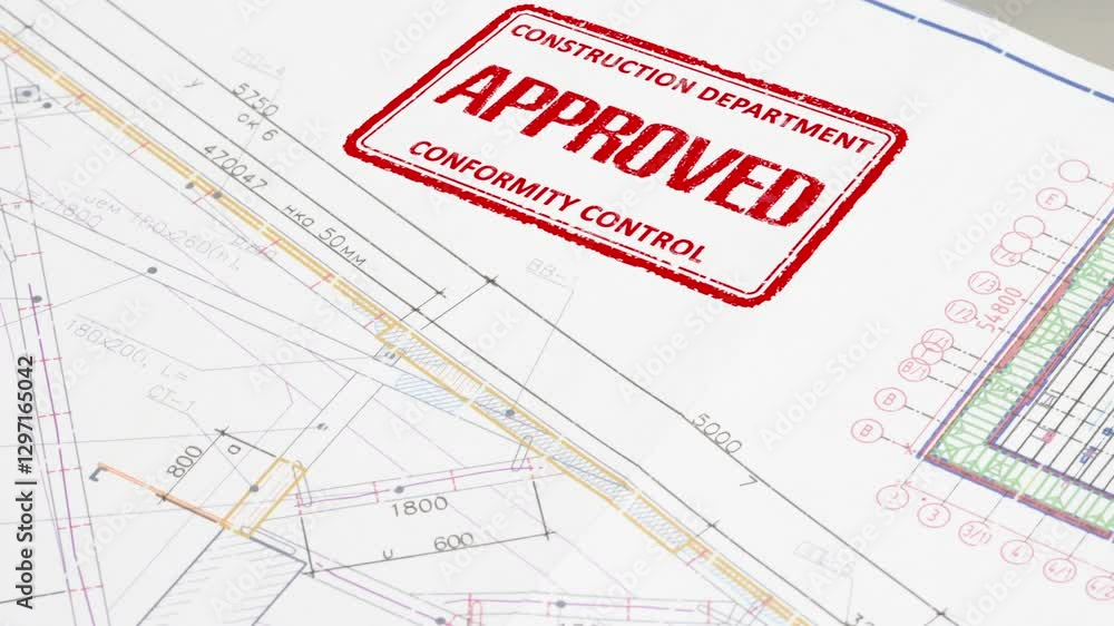 Approval of Design Drawings. A stamp is placed on the design drawing and leaves an ink imprint symbolizing compliance with standards and building permission Approval of Design Drawings. A stamp is placed on the design drawing and leaves an ink imprint symbolizing compliance with standards and building permission