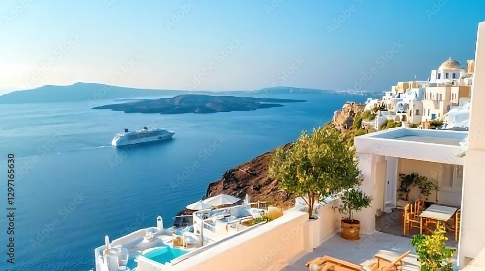 Fototapeta premium Breathtaking Coastal View of Santorini Island with Luxury Villas and Clear Blue Sea