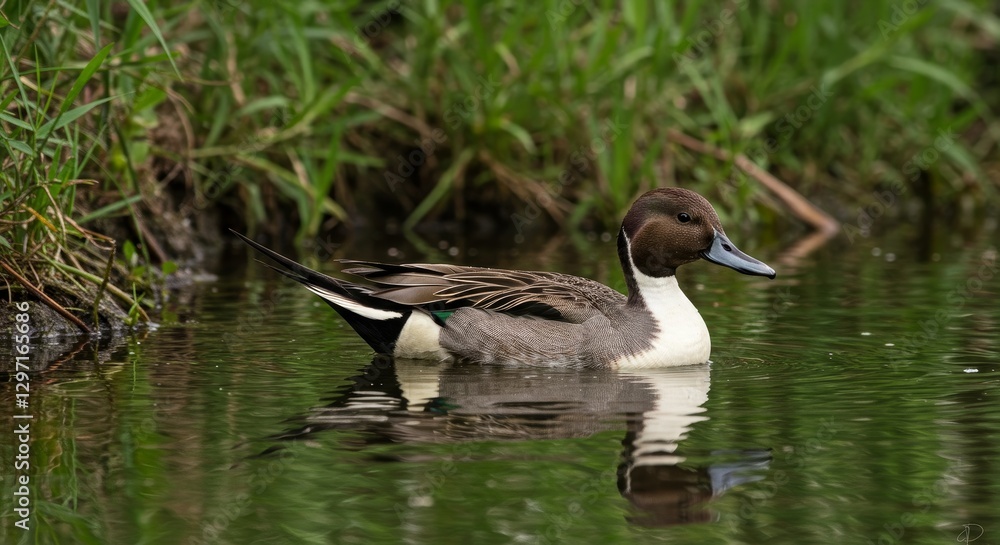 Pintail Duck in Tranquil Waters - A pintail duck gracefully floats on calm water, surrounded by lush greenery. It symbolizes peace, nature, wildlife, freedom, and tranquility Pintail Duck in Tranquil Waters - A pintail duck gracefully floats on calm water, surrounded by lush greenery. It symbolizes peace, nature, wildlife, freedom, and tranquility