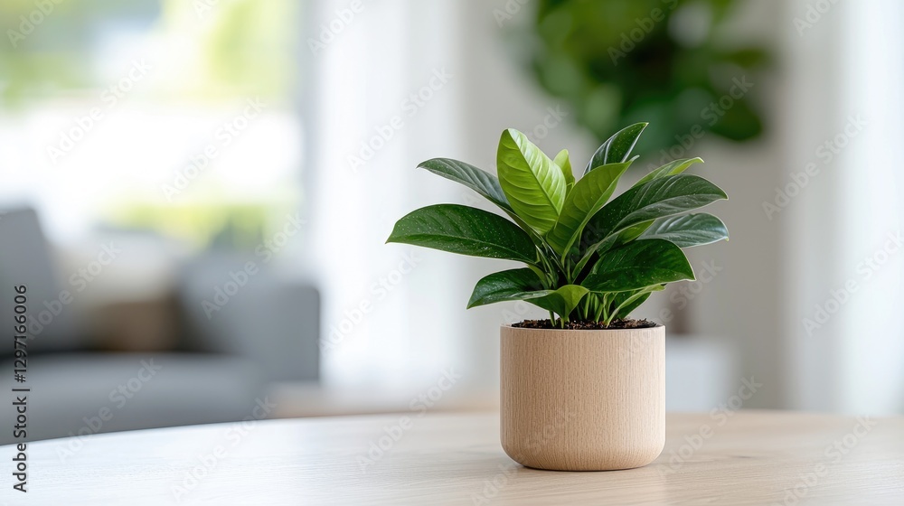 Fototapeta premium Potted green plant sitting on a wooden table inside a bright modern living room during daytime.