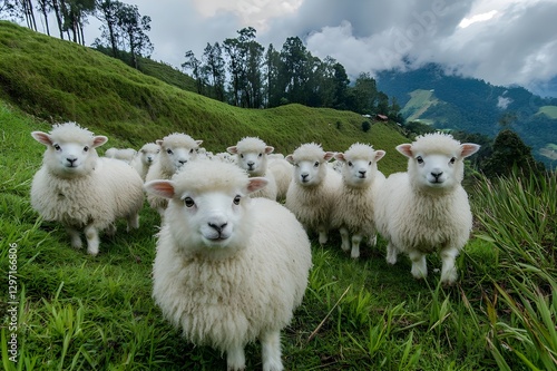 Living Cotton Balls with fluffy fur like clouds, sheep in the Cameron Highlands run around, occasionally turning around with their round, cute eyes photo