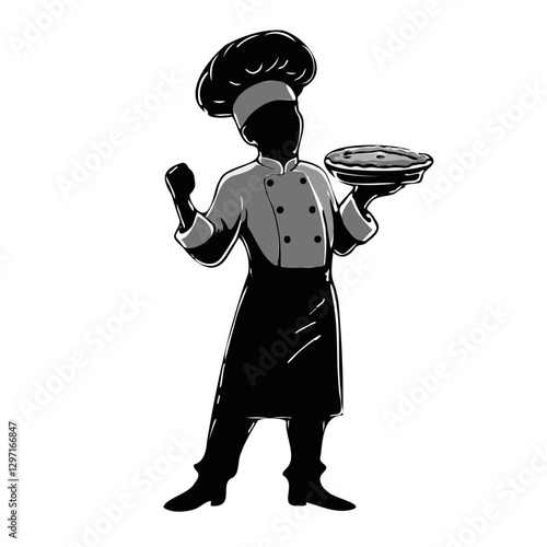 A chef in a tunic and cap holds a pie in his hand. Vector monochrome cartoon logo for restaurant