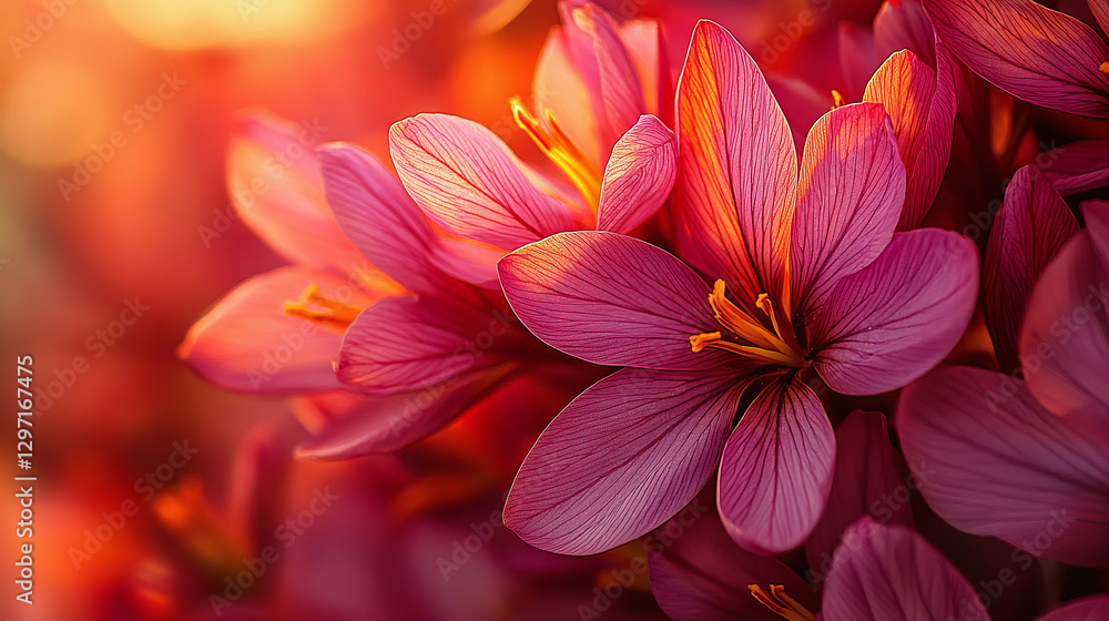 Fototapeta premium Floral closeup with pink petals and golden stamen creates a warm, inviting natural scene, enhanced by gentle light.