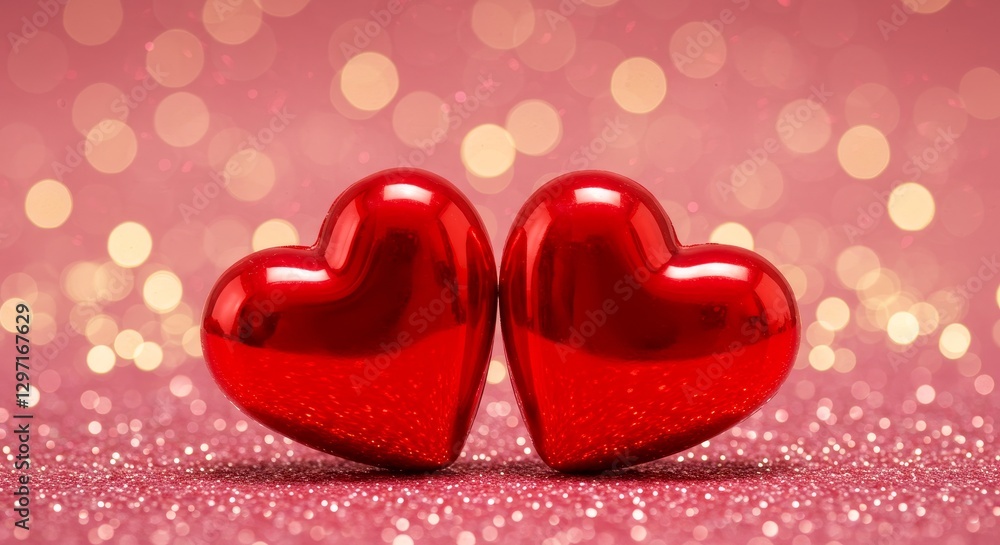 Obraz premium Romantic Valentine's Day Hearts - Two glossy red hearts on a pink glitter background. Symbolizing love, romance, Valentine's Day, connection, and affection. Transparent background
