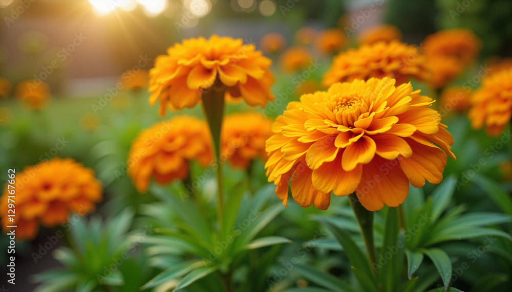 Golden marigolds, cheerful mood, blooming in a backyard during midday background Golden marigolds, cheerful mood, blooming in a backyard during midday background