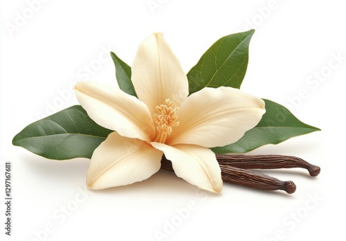 Elegant vanilla flower with green leaves and vanilla beans on a clean white background, showcasing the beauty of nature's gifts for culinary inspiration