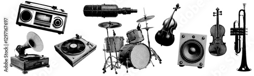 Set of music and instrument halftone grunge vector design elements