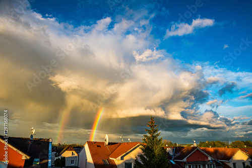 Nupaky, Czech republic - May 17, 2021. Double rainbow of cumulonimbus with blue sky in background photo