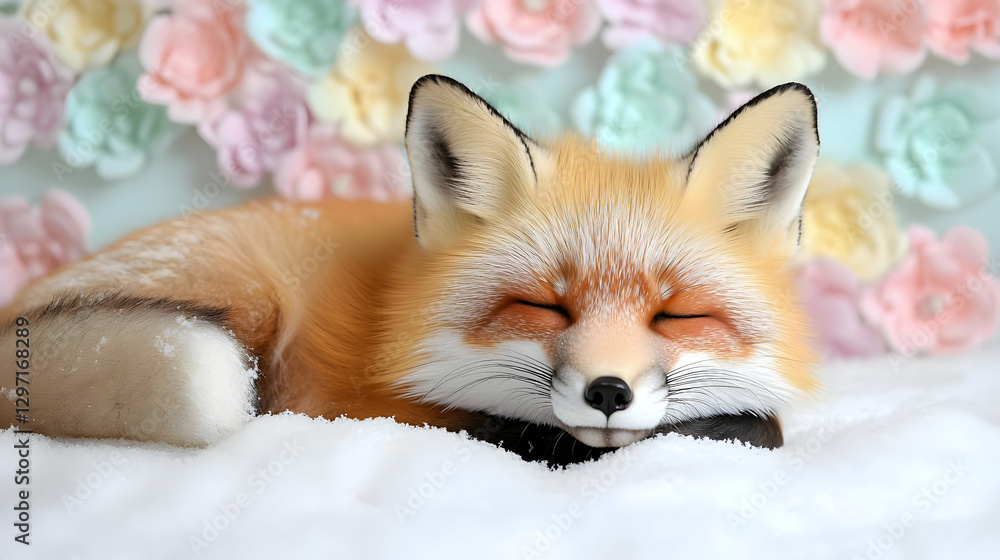 Fototapeta premium Sleeping red fox on snow, pastel flower backdrop