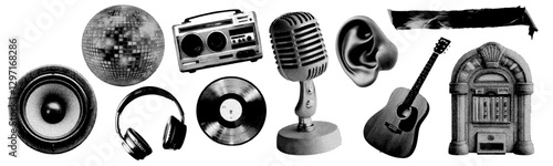 Set of music and instrument halftone grunge vector design elements