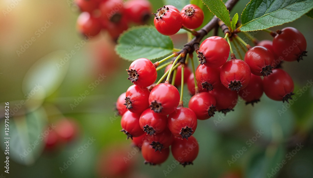 Close-up of vivid hawthorn berries on branches, vibrant mood, glowing in sunlight background Close-up of vivid hawthorn berries on branches, vibrant mood, glowing in sunlight background