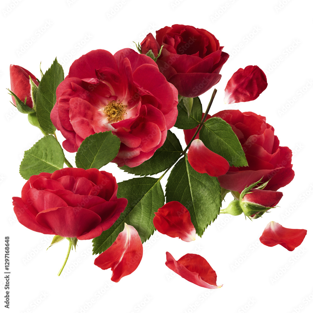 Beautiful Red English Rose falling in the air isolated on white background. High resolution image. Flower levitation or zero gravity conception Beautiful Red English Rose falling in the air isolated on white background. High resolution image. Flower levitation or zero gravity conception