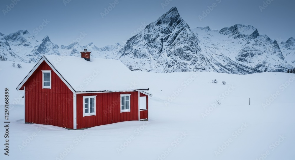 Snowy Mountain Cabin Winter Wonderland - A red cabin sits peacefully in a snow covered landscape, majestic snow-capped mountains provide a stunning backdrop. Symbolizing serenity, winter, solitude Snowy Mountain Cabin Winter Wonderland - A red cabin sits peacefully in a snow covered landscape, majestic snow-capped mountains provide a stunning backdrop. Symbolizing serenity, winter, solitude