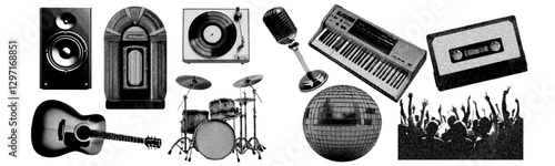 Set of music and instrument halftone grunge vector design elements