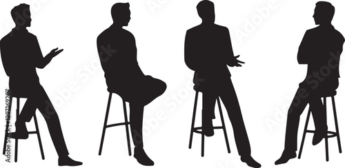 Silhouettes of Businessmen Sitting on Stools and Discussing, Vector Illustration